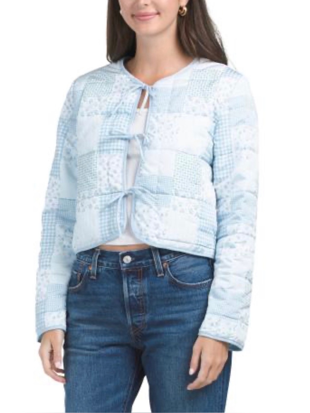 Stoosh Light Blue Quilted Patchwork Pattern Tie-Front Jacket